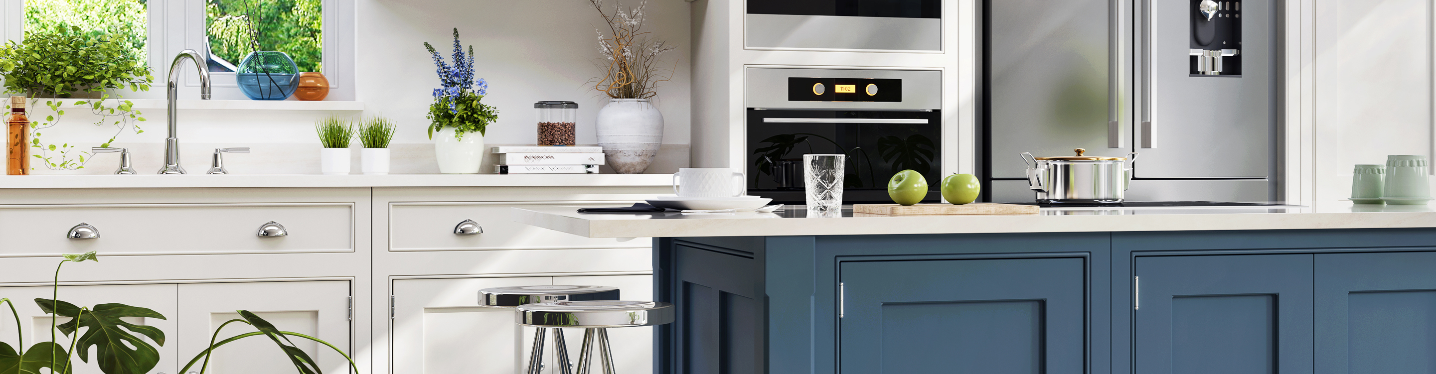 white kitchen cabinets and island with blue cabinets and silver hardware